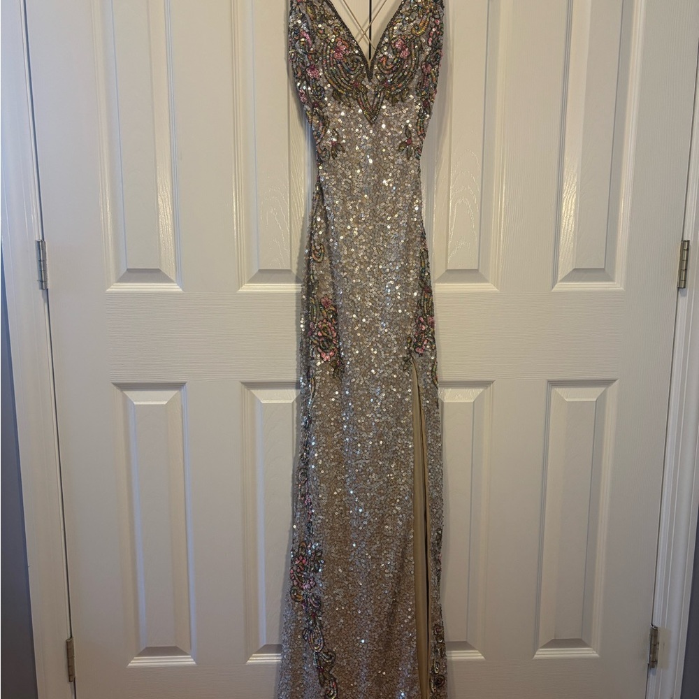 Primavera Couture Silver and Pink Sequin Gown - Picture 4 of 9